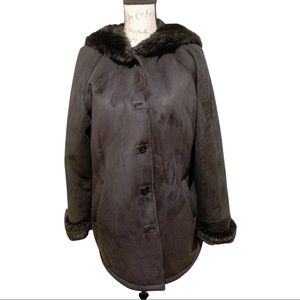 Liz Claiborne Faux Suede Hooded Faux Fur Coat Size M